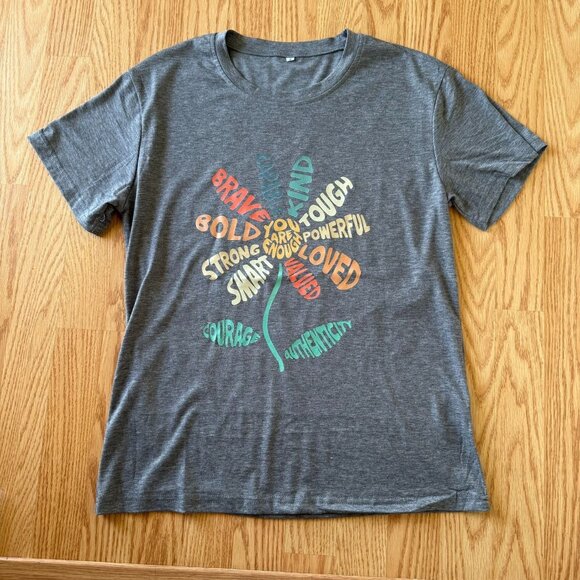 Empowering Graphic Gray Womens T-Shirt Size Small Flower Power Uplifting Words - Picture 2 of 8